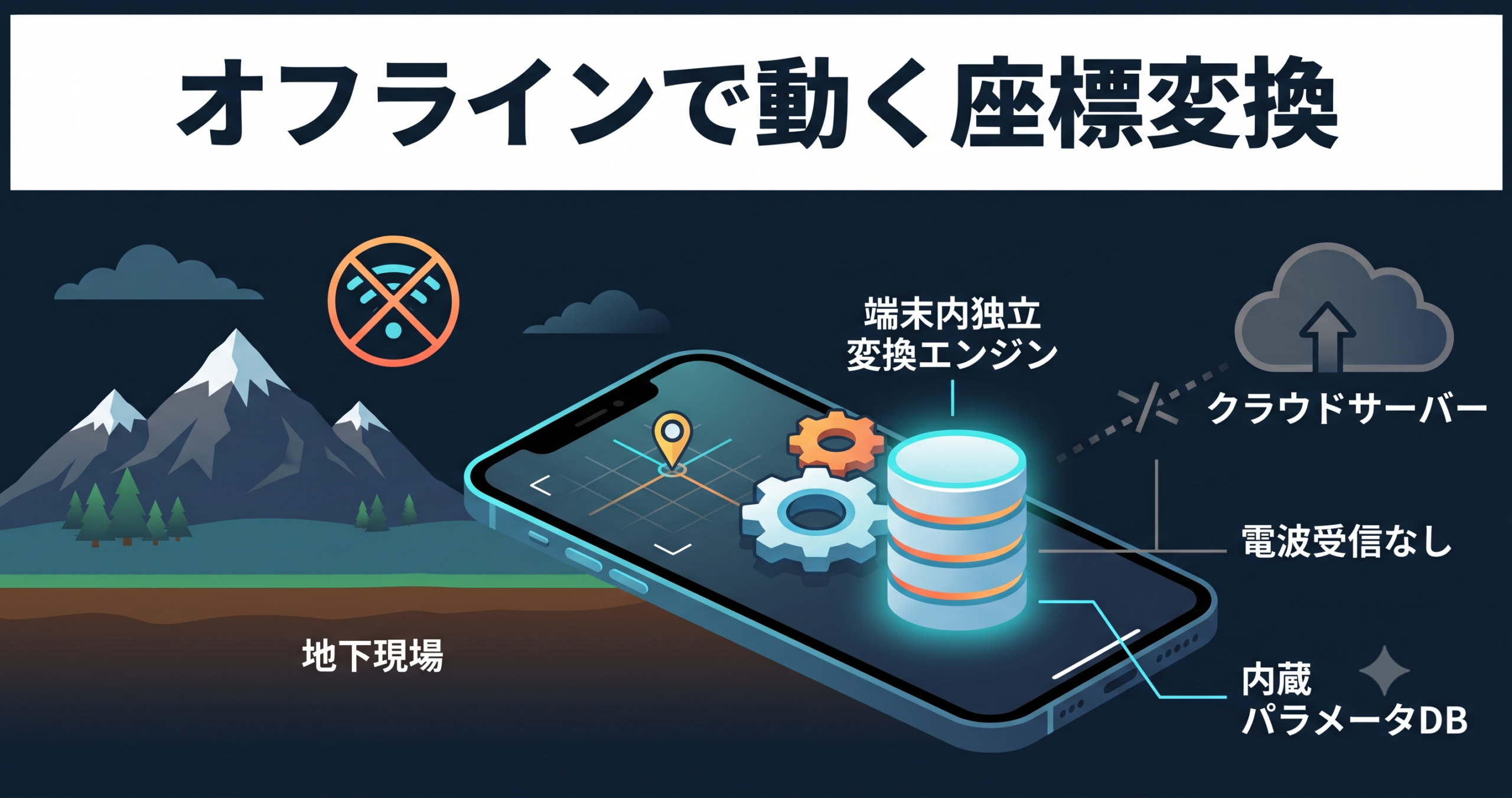 電波が届かない山中・地下でも座標変換 — オフラインで動く仕組み