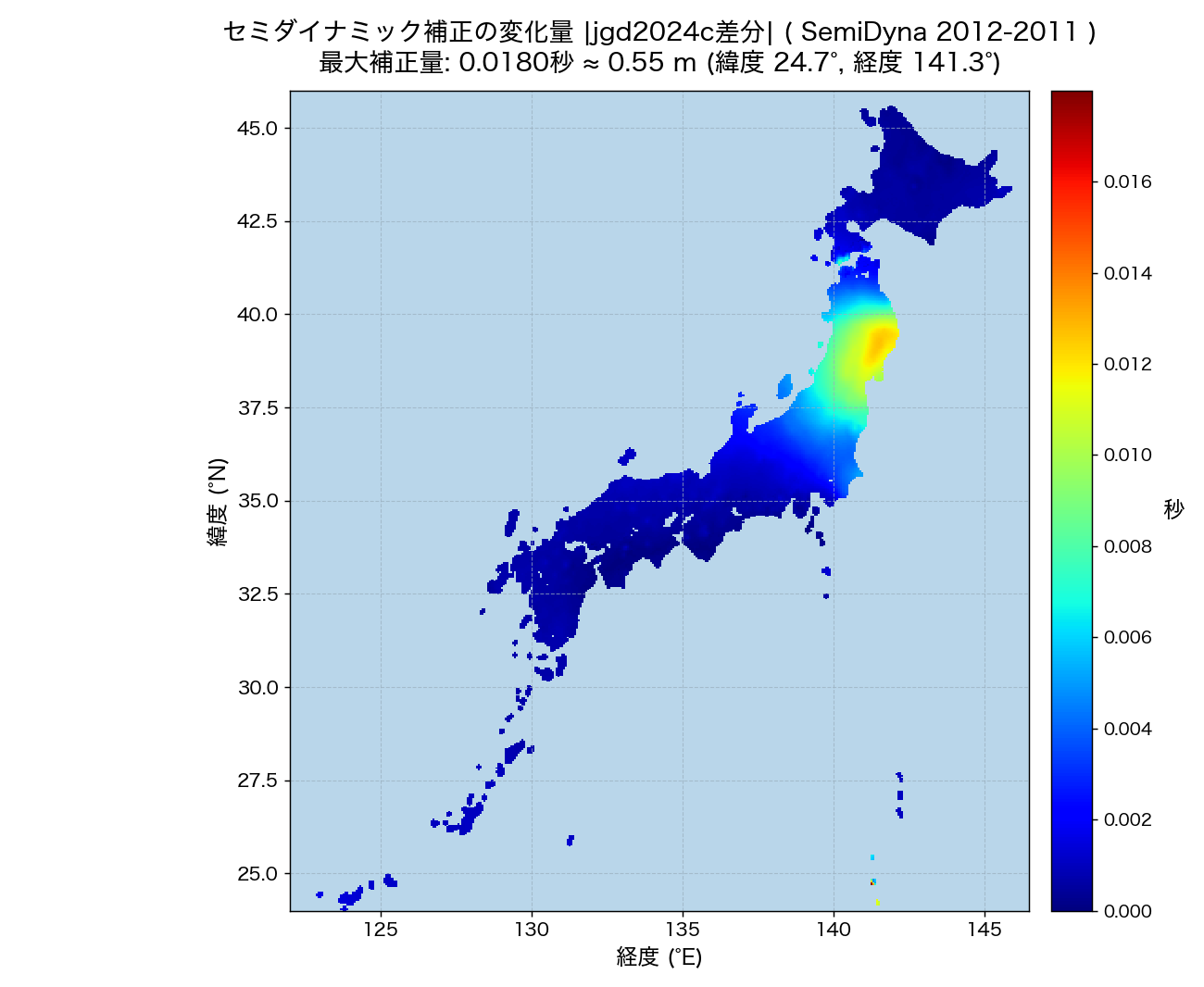 セミ補正 2012−2011 経年差分（最大0.55m）