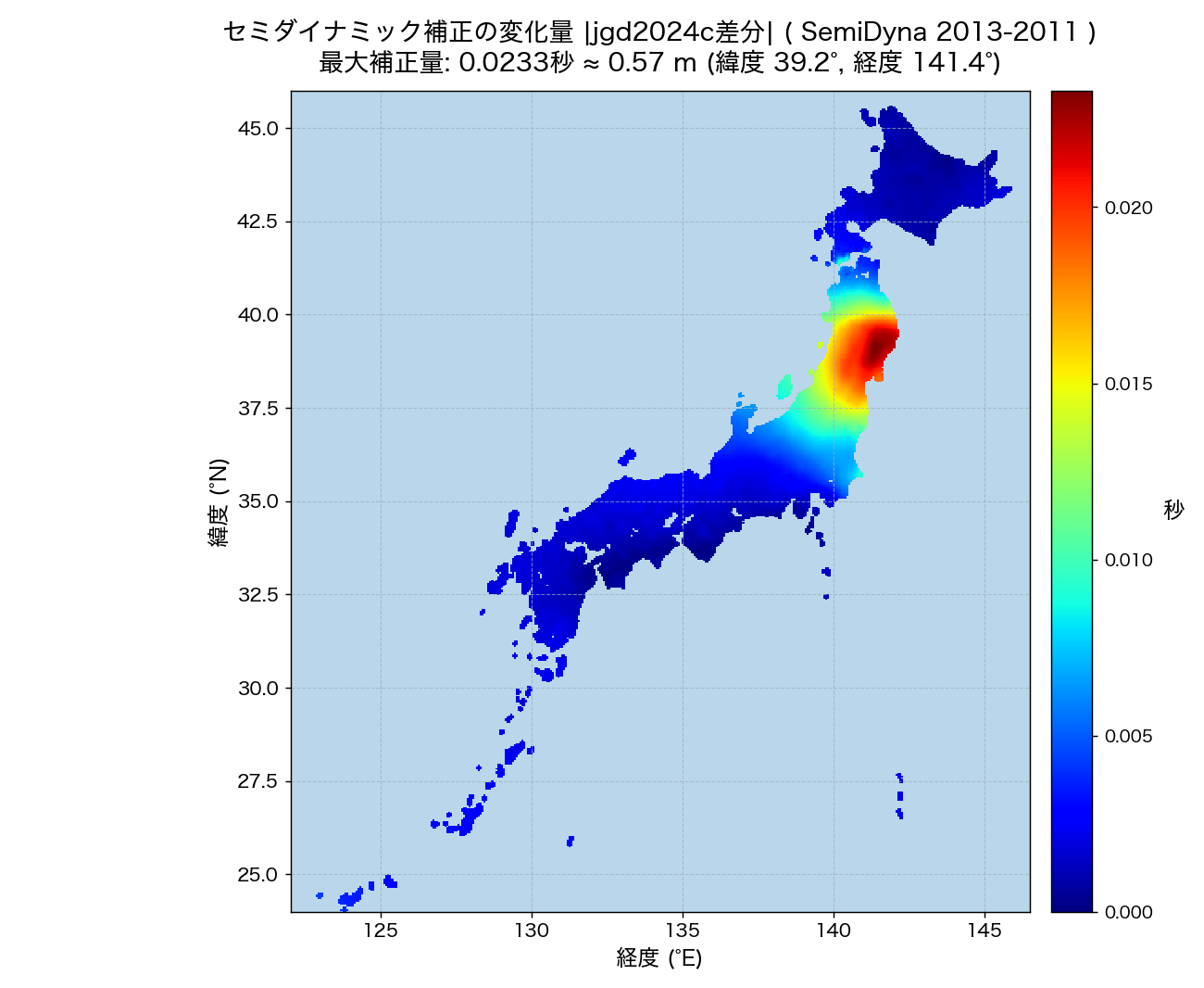 セミ補正 2013−2011 経年差分（最大0.57m）