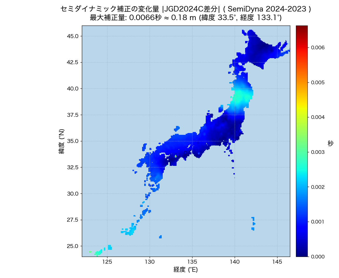 セミ補正 2024−2023 経年差分（最大0.18m）