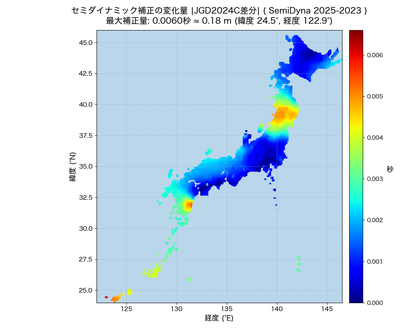 セミ補正 2025−2023 経年差分（最大0.18m）