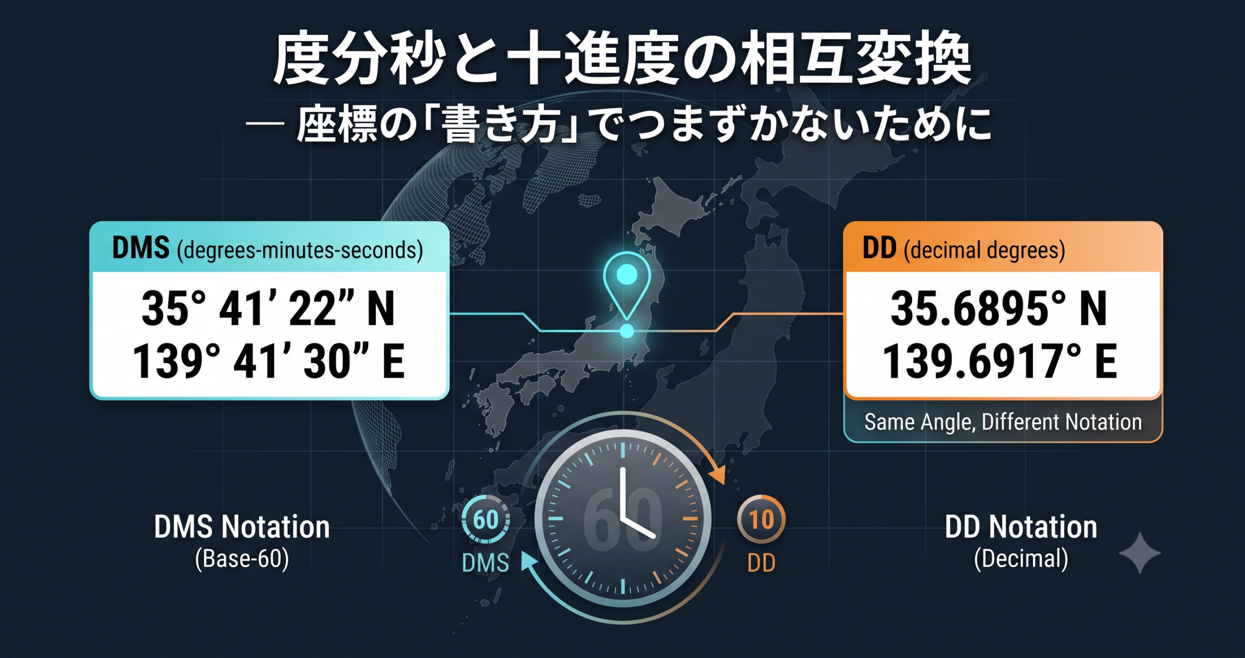 度分秒（DMS）と十進度（DD）の相互変換 — 座標の「書き方」でつまずかないために