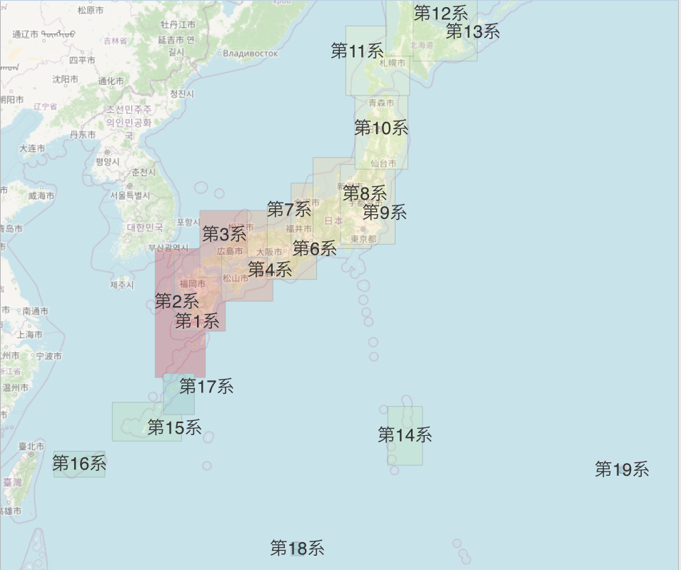 平面直角座標系第Ⅰ系から第ⅩⅨ系までの全国の区域を示した地図