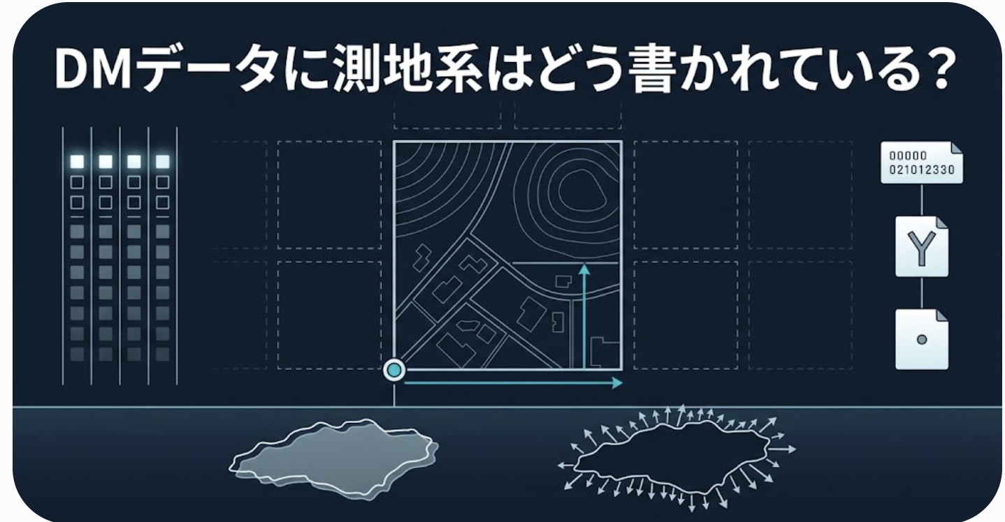 DMデータに測地系はどう書かれている? — 図郭原点からの整数座標と、変換履歴が残る3つのコード