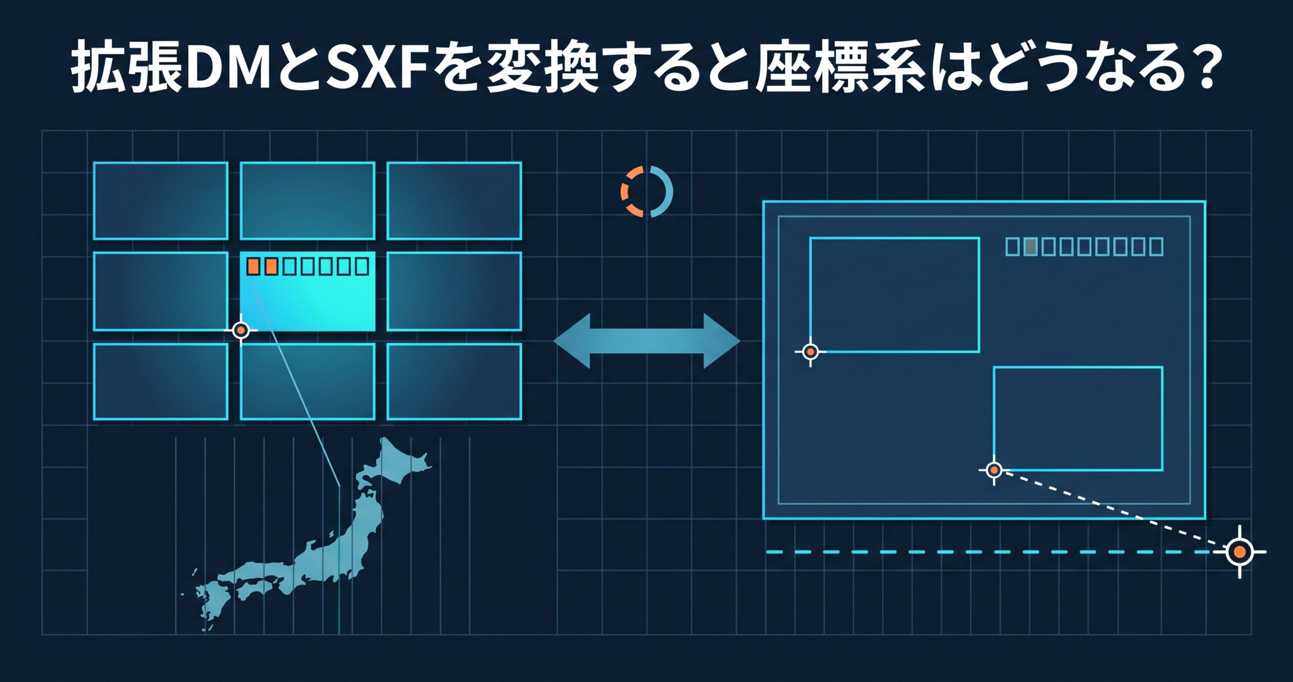 拡張DMとSXFを変換すると座標系はどうなる? — 図郭識別番号に入る系番号と、部分図の原点が(0,0)のとき起きること