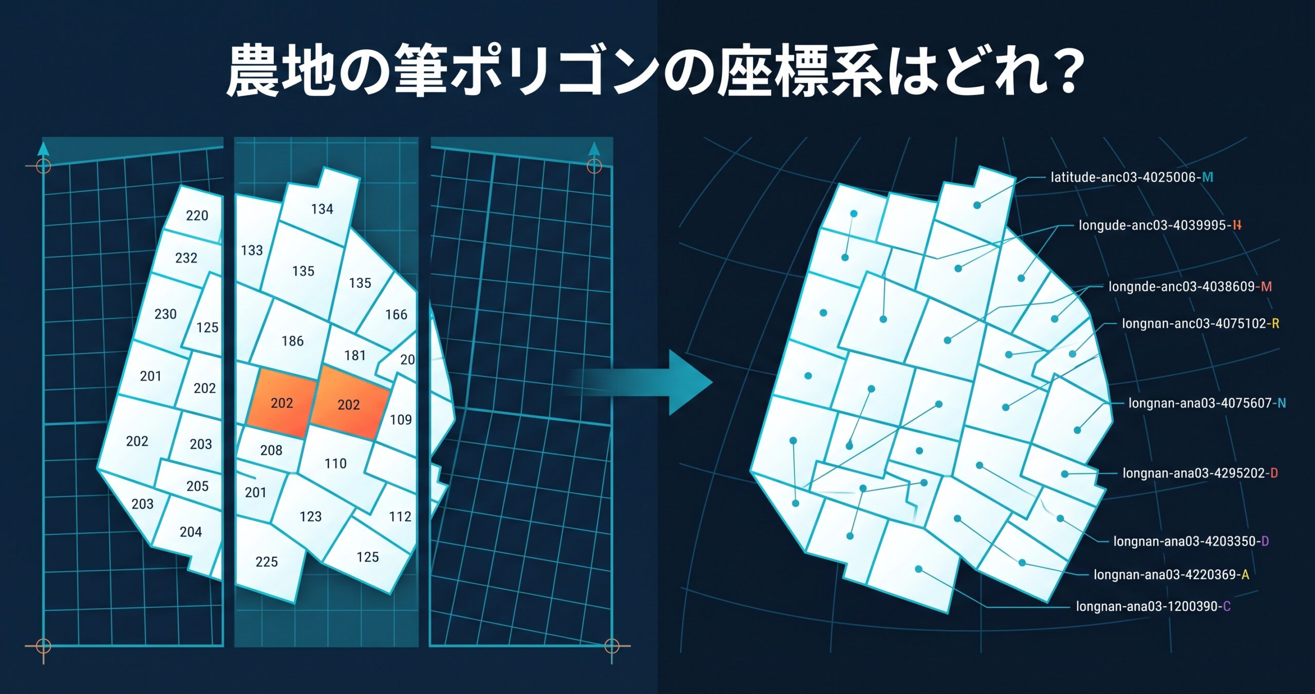 農地の筆ポリゴンの座標系はどれ? — 平面直角座標系から経緯度へ変わった理由と、IDに座標が埋まっていた時代の落とし穴