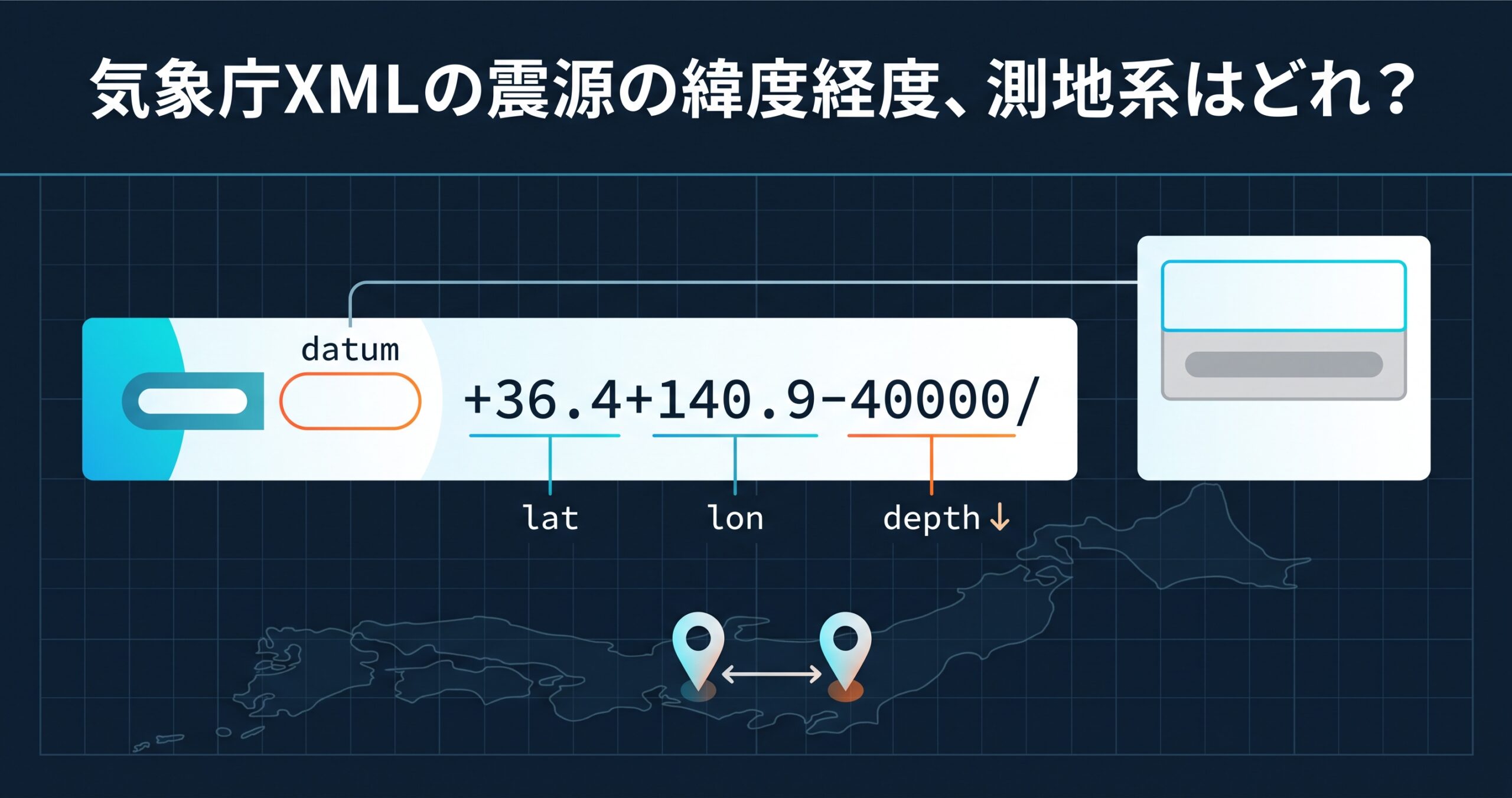 気象庁XMLの震源の緯度経度、測地系はどれ? — datum属性が「日本測地系」のときだけ現れる仕様と、+36.4+140.9-40000/ の読み方